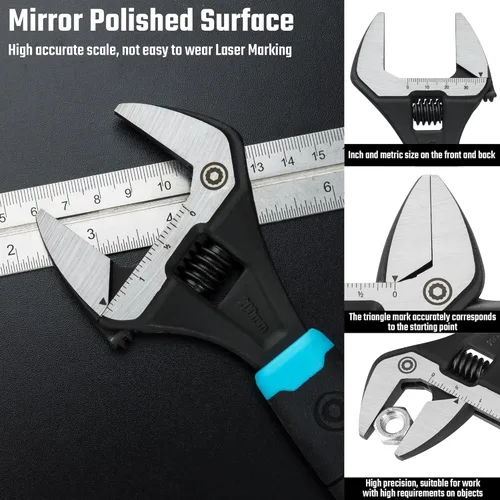 Miniatura 6 de DURATECH Llave ajustable de 8 pulgadas, llave de fontanería de apertura de mandíbula ancha, acero CR-V, SAE y escala métrica marcada, agarre Negro