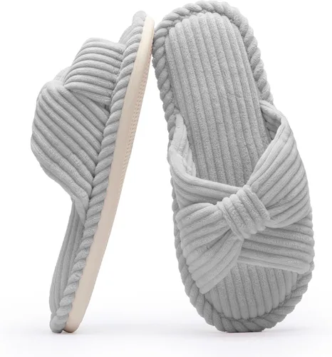 Miniatura 10 de Chantomoo Pantuflas para mujer, de espuma viscoelástica, para el hogar, dormitorio, baño, spa, puntera abierta, con lazo de pana, acogedoras