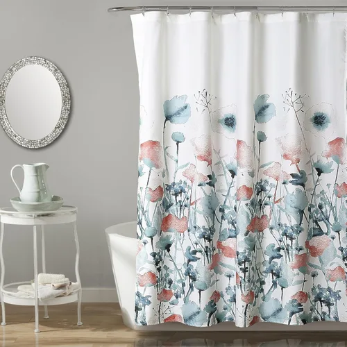 Lush Decor Zuri Flora - Cortina de ducha individual de 72 pulgadas de ancho x 72 pulgadas de largo, color azul y coral, cortinas de ducha florales