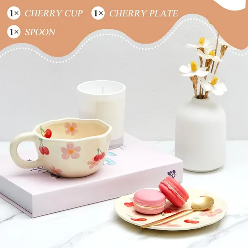 Miniatura 3 de Vesici 1 juego de tazas de café de cerámica con platillo y cuchara, bonitos regalos para el día de la madre para mamá, 8.5 onzas, taza de té floral