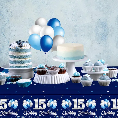Miniatura 4 de Turypaty Paquete de 3 manteles decorativos de cumpleaños de 15 años de color azul marino para niños, manteles rectangulares desechables