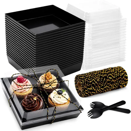 Cajas de charcutería grandes de 7 x 7 x 2.6 pulgadas con tapas transparentes, paquete de 50 cajas de panadería cuadradas desechables marrones,