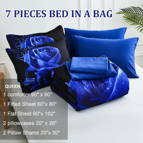 Miniatura 4 de WONGS BEDDING - Juego de edredón azul tamaño Queen de 7 piezas, juego de ropa de cama en una bolsa con patrón de rosas, juegos de ropa de cama