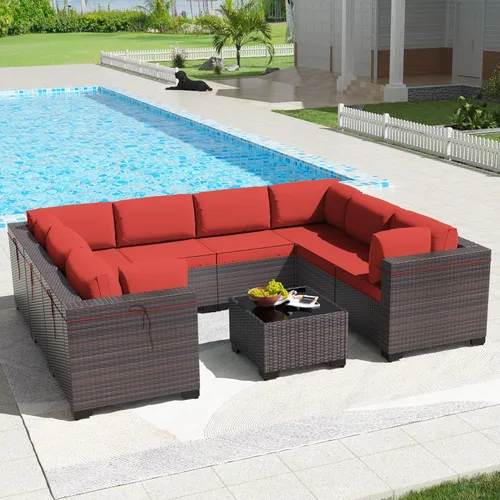 Miniatura 67 de Kullavik Juego de 13 muebles de patio al aire libre con mesa de fogata de gas propano de 43 pulgadas, 55000 BTU, mimbre de polietileno, sofá Arena
