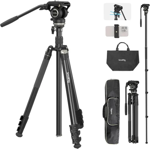 Miniatura 11 de SmallRig CT195 Kit de trípode de video, trípode de cámara de 73 pulgadas con cabezal fluido de inclinación panorámica para disparo