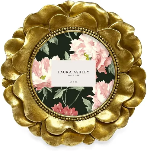 Miniatura 2 de Laura Ashley Marco de fotos redondo de resina dorada de 4 x 4 con borde de cuentas, para mesa y pared, decoración floral del hogar (dorado)