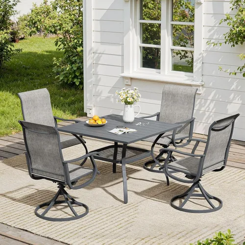 Miniatura 32 de VICLLAX Muebles pequeños de exterior de 3 piezas, 2 sillas giratorias de patio y mesa redonda pequeña para 2, sillas de carbón oscuro y negro