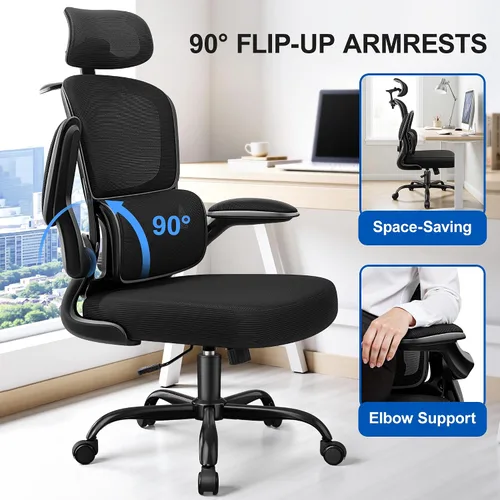 Miniatura 6 de ALLGOD Silla de oficina ergonómica, silla de escritorio de malla con soporte lumbar, silla de oficina en casa con respaldo alto con reposacabezas