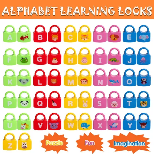 Miniatura 4 de Dinhon - Cerraduras de aprendizaje del alfabeto de colores, combinación de letras educativas con 26 cerraduras, 26 llaves, juego de aprendizaje
