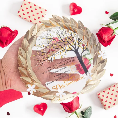 Miniatura 5 de 50 aniversario de boda, ideas de regalos únicos, placa de cristal con corona de hojas de oro, regalos de boda de 50 aniversario para padres