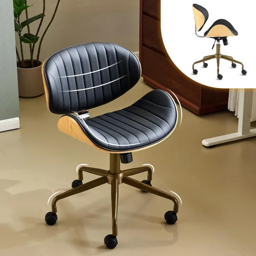 VINGLI Silla giratoria de oficina en casa amplia y cómoda con carcasa curvada de grano de madera, silla de escritorio ergonómica acolchada sin