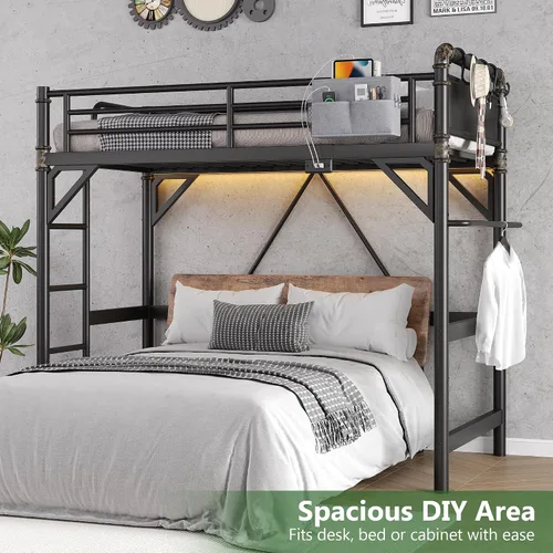 Miniatura 7 de Cama tipo loft de tamaño individual con luces LED y estación de carga, marco de cama industrial de metal resistente con escalera y barandilla
