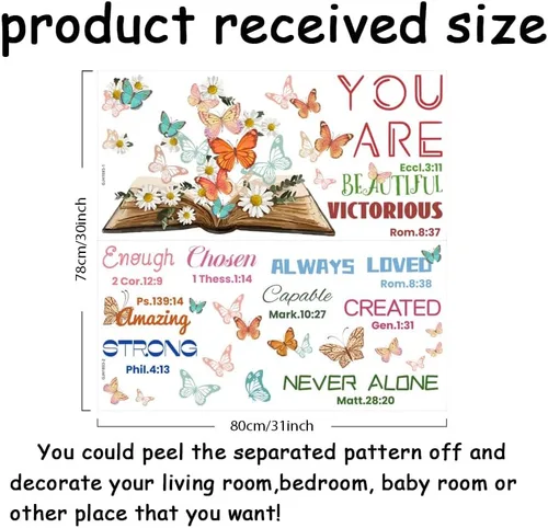 Miniatura 2 de SUPERDANT Calcomanías de pared con texto bíblico, diseño de mariposas, libro de mariposas, calcomanías de pared con texto en inglés "You are