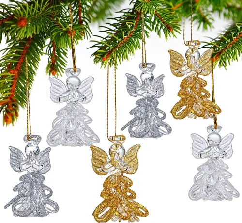 Miniatura 10 de 12 adornos de ángel dorado de cristal, ángeles de la guarda, adornos para árbol de Navidad de 2.1 pulgadas, colorido mini ángel colgante hilado