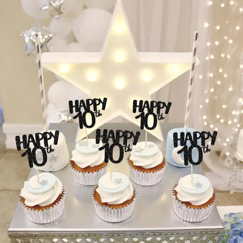 Miniatura 8 de Gyufise Paquete de 24 adornos negros para cupcakes con el número 10, para celebrar 10 cumpleaños, bodas, aniversarios, fiestas, suministros