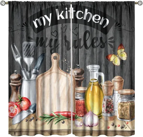 Miniatura 8 de Cortinas de cocina estilo retro, 2 paneles con bolsillo para cortinero, decoración de dormitorio, cocina, cafetería, 42 pulgadas de ancho x 45