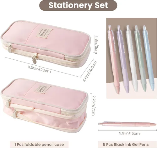 Miniatura 2 de Estuche para lápices de gran capacidad con 5 bolígrafos de gel negros (rosa) Expandable, Water-resistant, 4-compartment design, Versatile, Quality