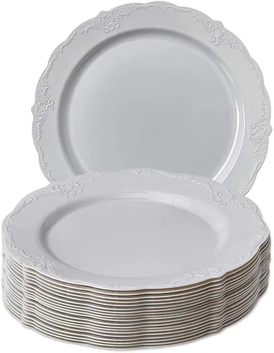 Miniatura 16 de Juego de vajilla desechable, 20 platos de pastel (vintage, crema, 9 pulgadas)