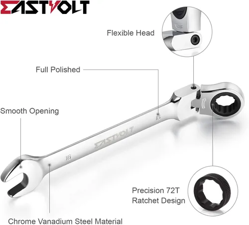Miniatura 2 de Eastvolt EVHT1201 - Juego de llaves de trinquete de cabeza flexible, métricas de 8 mm a 19 mm, kits de llaves combinadas de acero al cromo vanadio