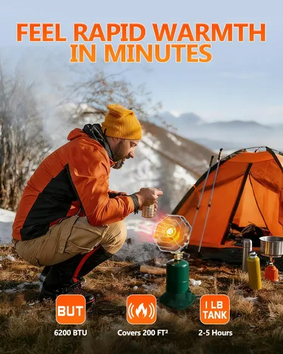 Miniatura 2 de Breeze Touch Calentador de propano portátil para campamento, calentador de 6200 BTU para exteriores con soporte de tanque de gas plegable y válvula