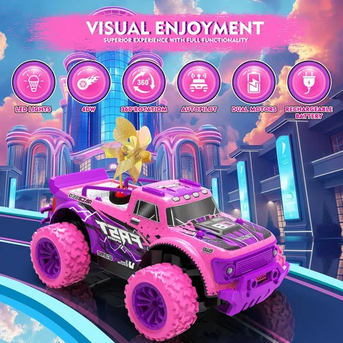 Miniatura 2 de Coche de Control Remoto para Niñas: Camión RC Rosa Púrpura a Escala 1:20 con Luz LED y Molinos de Viento DIY - Camiones RC Todo Terreno de 20 Km/h