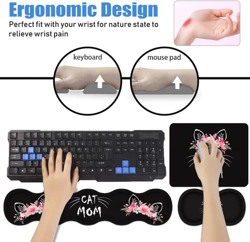 Miniatura 7 de Juego de reposamuñecas ergonómico para teclado y alfombrilla para mouse con posavasos [4 piezas], base de goma antideslizante para el hogar, Gato