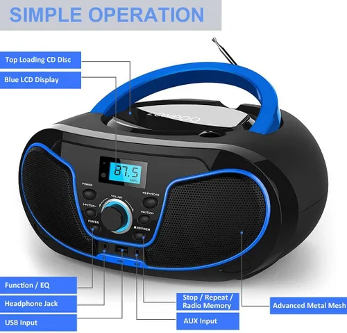 Miniatura 3 de Reproductor de CD Boombox, LP-D02 portátil Bluetooth FM Radio Sistema de sonido estéreo con sonido cristalino, reproducción de MP3, entrada USB