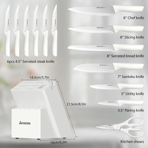 Miniatura 5 de Astercook Juego de cuchillos para cocina, 15 piezas con bloque y afilador, cuchillos de cocina con revestimiento de cerámica, hoja afilada, aptos