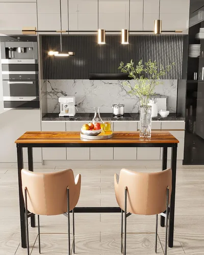 Miniatura 7 de Teraves Mesa de bar rectangular moderna, 39.37 x 17.71 x 39.37 pulgadas, parte superior de teca, base de metal negro, 4 plazas, uso en comedor y bar