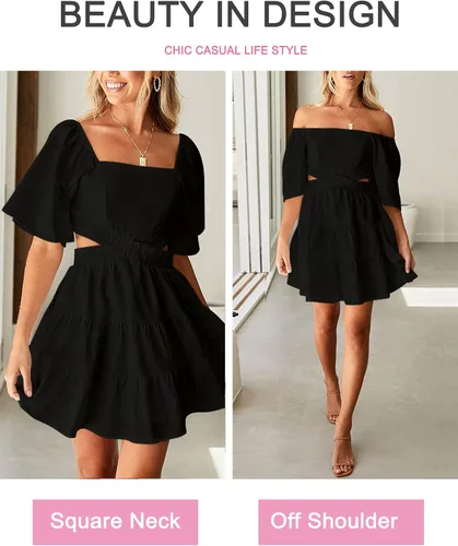 Miniatura 4 de Vestidos de verano para mujer, cuello cuadrado, casual, manga corta, cruzado, cintura elástica, mini vestido de fiesta