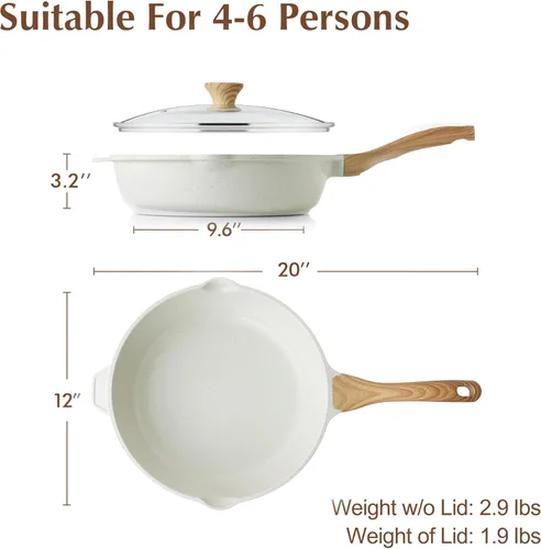 Miniatura 2 de SENSARTE Sartén antiadherente de cerámica para saltear de 12 pulgadas, 5QT, sartén para freír profundamente no tóxica con tapa, utensilios de cocina