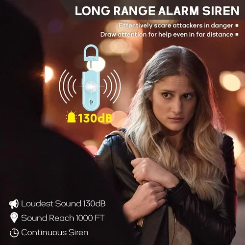 Miniatura 2 de Llavero de alarma de seguridad personal para mujeres, 2 unidades, sirena fuerte de 130 dB con luz estroboscópica SOS, linterna, altavoces dobles
