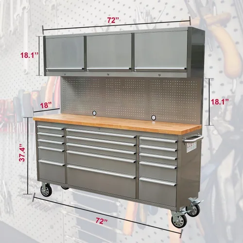 Miniatura 2 de AnorTrek Caja de herramientas de 72 pulgadas con 15 cajones con gabinete superior de 3 y tablero de clavijas en acero inoxidable (Acero inoxidable)