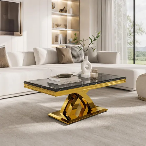 Miniatura 7 de AUZ Mesa auxiliar negra y dorada de 48 pulgadas, mesa central rectangular de lujo con base de metal pulido en forma de X para sala de estar, oficina