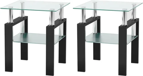 Miniatura 12 de Meihua Mesa auxiliar de vidrio para espacios pequeños, mesa auxiliar cuadrada de vidrio, mesita de noche moderna de 2 niveles con patas de metal