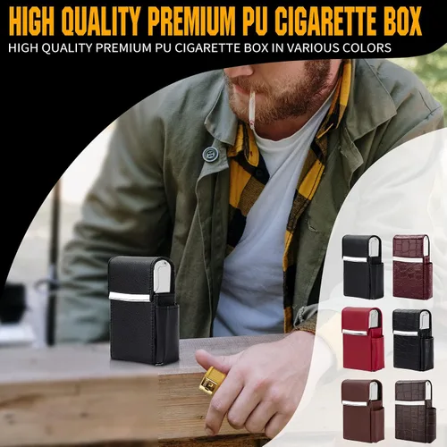 Miniatura 5 de Caja de cigarrillos deslizante de piel sintética con soporte para encendedor y trabilla para cinturón para hombres y mujeres, unisex