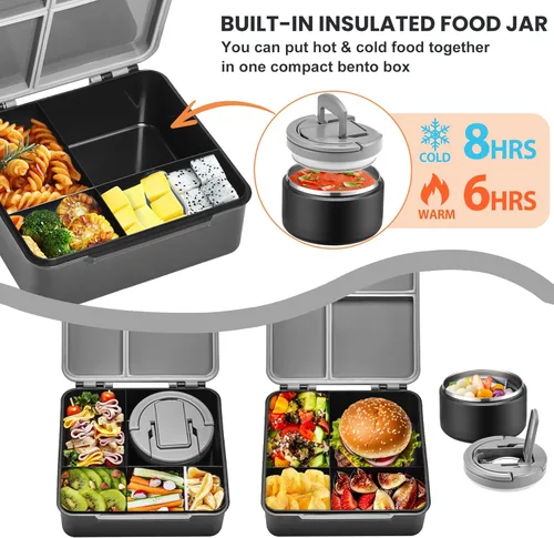 Miniatura 2 de Lonchera Bento con termo de sopa de 8 onzas, a prueba de fugas, 4 compartimentos, para niños, con taza de salsa y bolsa de hielo, tarro de comida