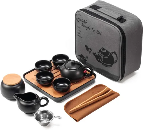 Juego de Tetera y Tazas de Té Chino con Bandeja e Infusor - Juego de Té de Cerámica de Viaje, Tetera de Porcelana, Portátil Todo en Una Bolsa para