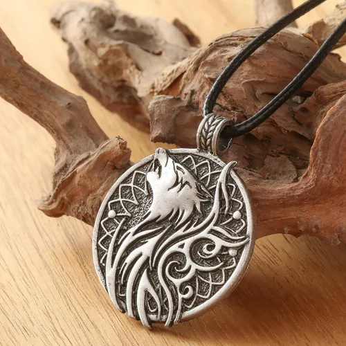 Miniatura 3 de HAQUIL Collar de lobo, colgante redondo de medallón de lobo, cordón de piel sintética, regalo de joyería de lobo para hombres