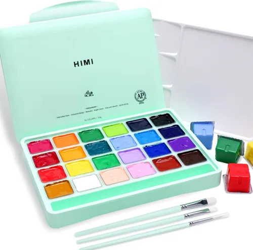 HIMI Juego de pintura gouache, 24 colores x 30 ml, diseño exclusivo de cápsula de gelatina con 3 pinceles y una paleta en un estuche de transporte,