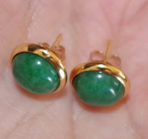 Miniatura 3 de CHINESE GREEN JADE ROUND DOME 12MM VINTAGE GENUINE 14K GF STUD EARRINGS