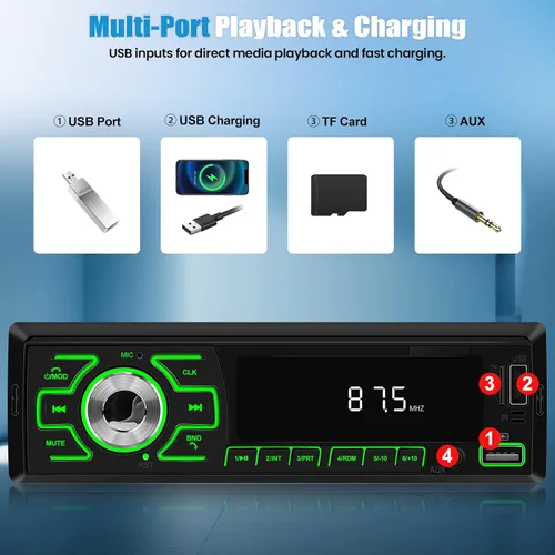 Miniatura 3 de SIXWIN - Radio para coche de un solo DIN, estéreo Bluetooth, receptor de audio multimedia para coche con control de voz, entrada AUX/USB/TF, control
