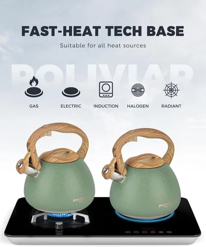 Miniatura 7 de POLIVIAR - Hervidor de té para estufa de 2.7 cuartos de galón, tetera silbante con acabado crujiente, acero inoxidable de grado alimenticio
