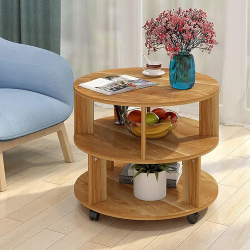 Miniatura 2 de Mesa auxiliar redonda moderna con almacenamiento, mesita de noche con estantes de 2 niveles, mesa de centro pequeña de madera con ruedas, mesa