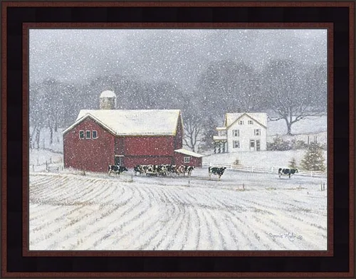 Miniatura 2 de The Home Place por Bonnie Mohr - Impresión artística de granja lechera de vacas de ganado de 16 x 20 pulgadas, diseño de granero rojo y nieve