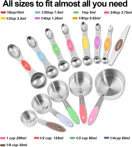 Miniatura 4 de EDELIN Juego de tazas medidoras y cucharas medidoras magnéticas, acero inoxidable, 5 tazas y 7 cucharas (multicolor)