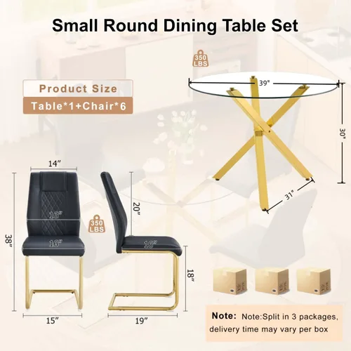 Miniatura 2 de Juego de mesa de comedor redonda para 6, juego de mesa de comedor de vidrio de 39 pulgadas con base de metal ajustable dorada en forma de X y 6