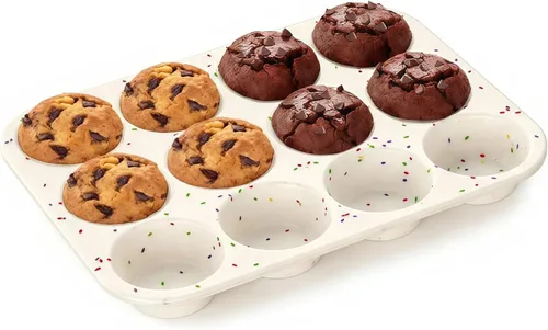Miniatura 11 de Molde de silicona para muffins para hornear: Molde para muffins de 12 cavidades con marco reforzado de metal, moldes de tamaño regular para cupcakes