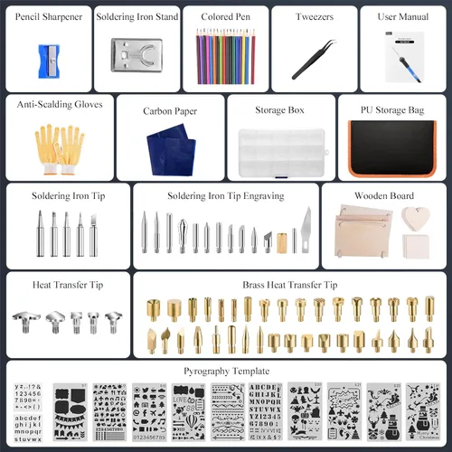 Miniatura 5 de Kit de quemado de madera, 113 piezas, herramienta profesional para quemar madera, temperatura ajustable, juego de herramientas con soldador
