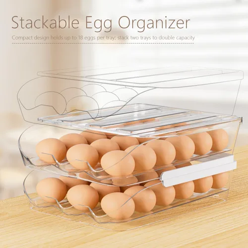 Miniatura 3 de Soporte para huevos para nevera, organizador automático de huevos con ruedas para refrigerador, contenedor apilable transparente para almacenamiento
